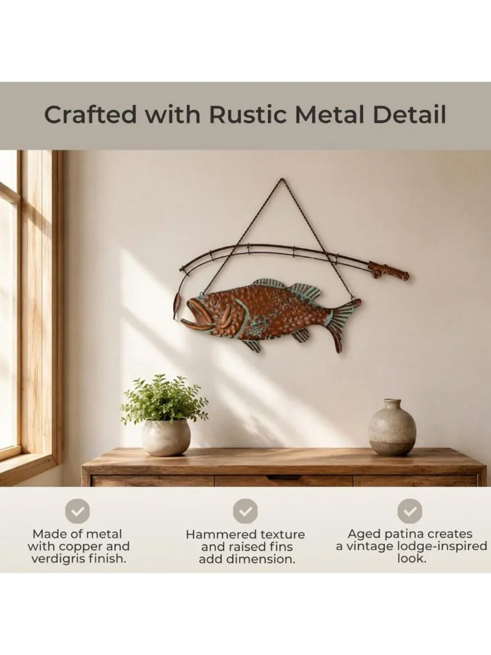 15” Largemouth Bass Metal Wall Art Sculpture | Copper Patina, Textured Finish